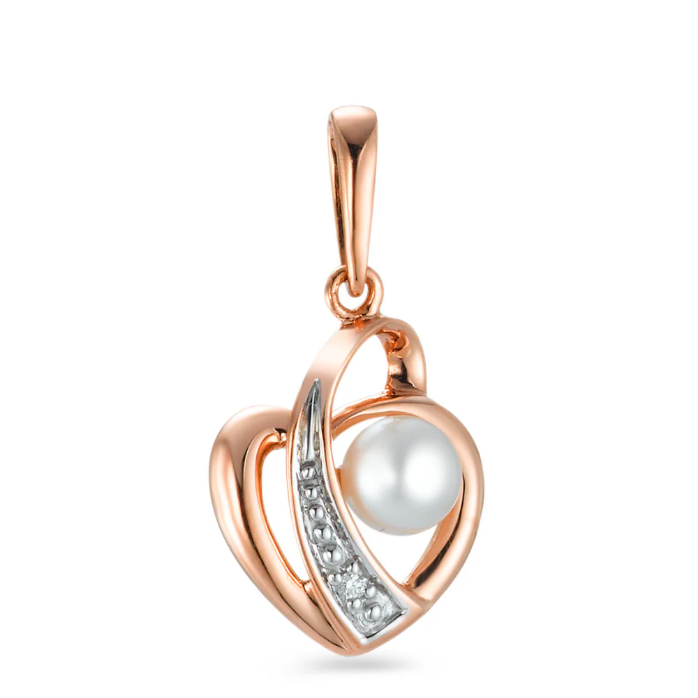 Ciondolo Oro rosso 750/18 carati Diamante 0.005 ct, w-si Perla coltivata d'acqua dolce bianco 4-4.5 mm Cuore
