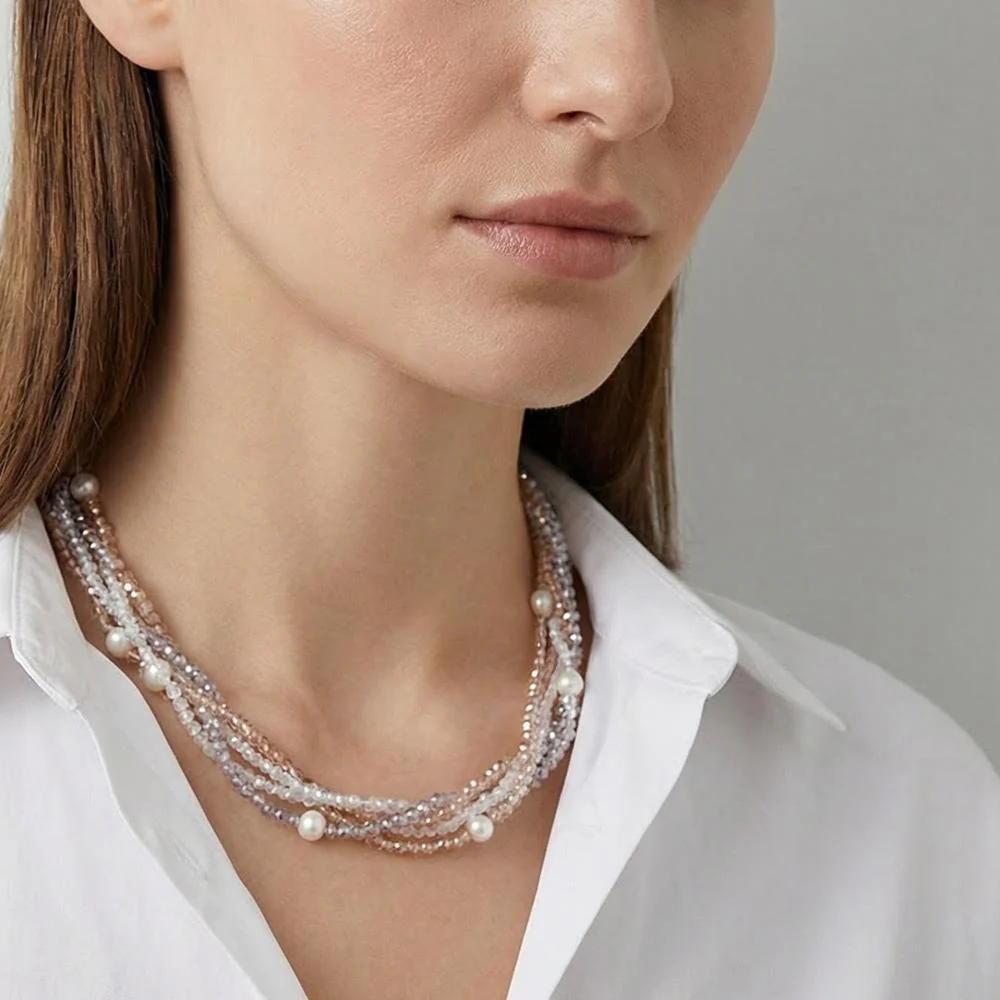 Collana Acciaio inossidabile Cristallo 3 mm Perla coltivata d'acqua dolce, 9 Perla 6-7 mm 47 cm - Image 4