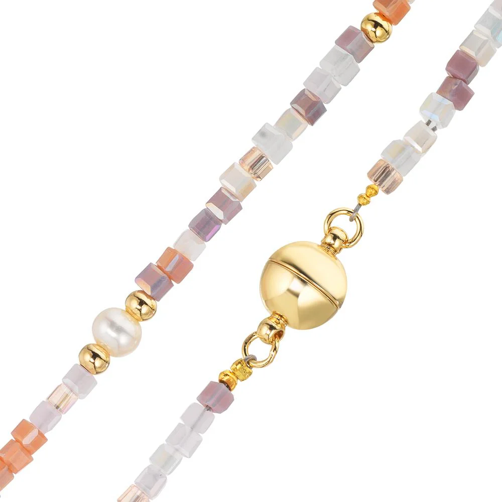 Collana Acciaio inossidabile Cristallo rosa giallo rivestimento IP Perla coltivata d'acqua dolce, 5 Perla 4-4.5 mm 43 cm - Image 3