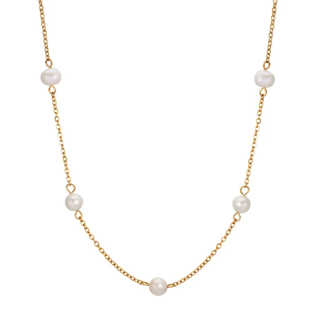 Collana Acciaio inossidabile giallo rivestimento IP Perla coltivata d'acqua dolce, 5 Perla 6-6.5 mm 42-46 cm