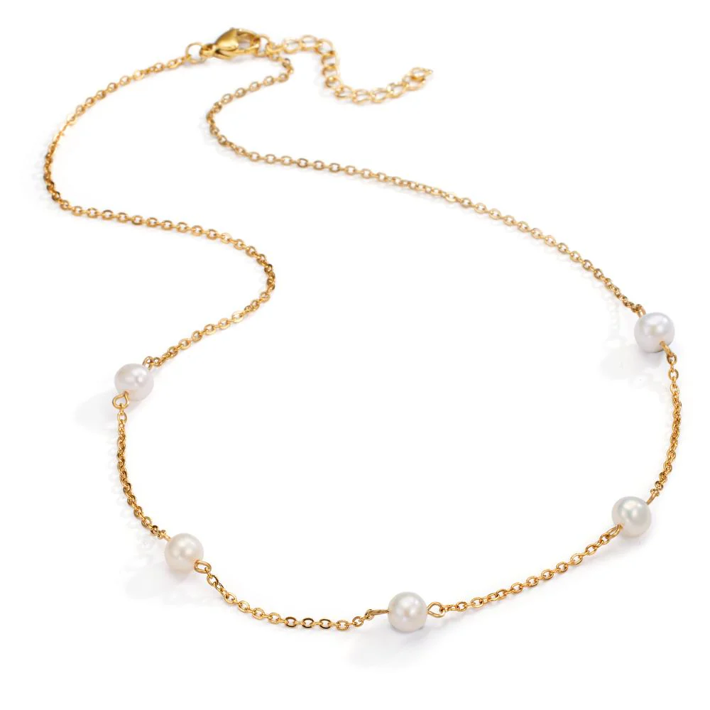 Collana Acciaio inossidabile giallo rivestimento IP Perla coltivata d'acqua dolce, 5 Perla 6-6.5 mm 42-46 cm - Image 2
