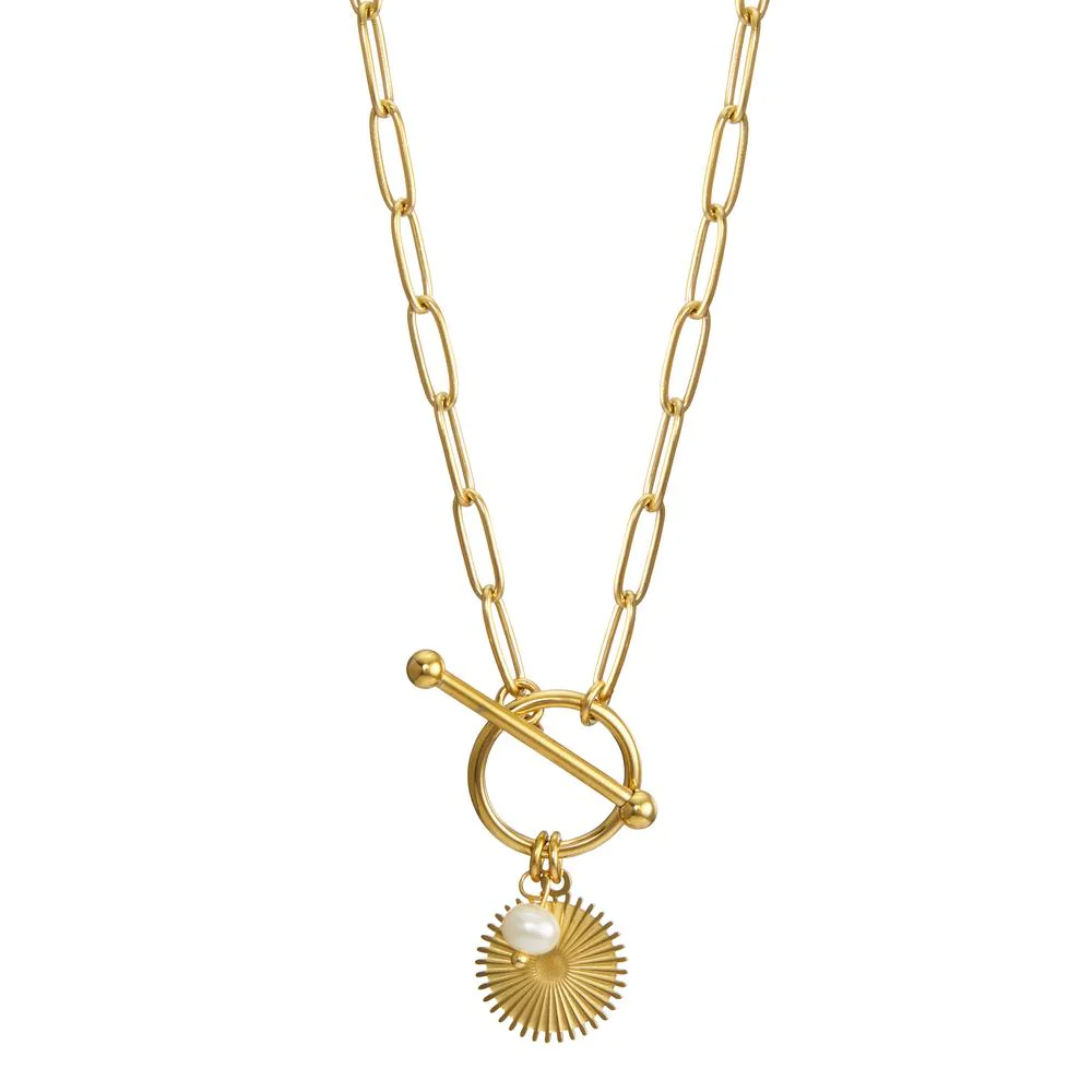 Collana Acciaio inossidabile giallo rivestimento IP Perla coltivata d'acqua dolce bianco, 4.5 mm Sole 45 cm