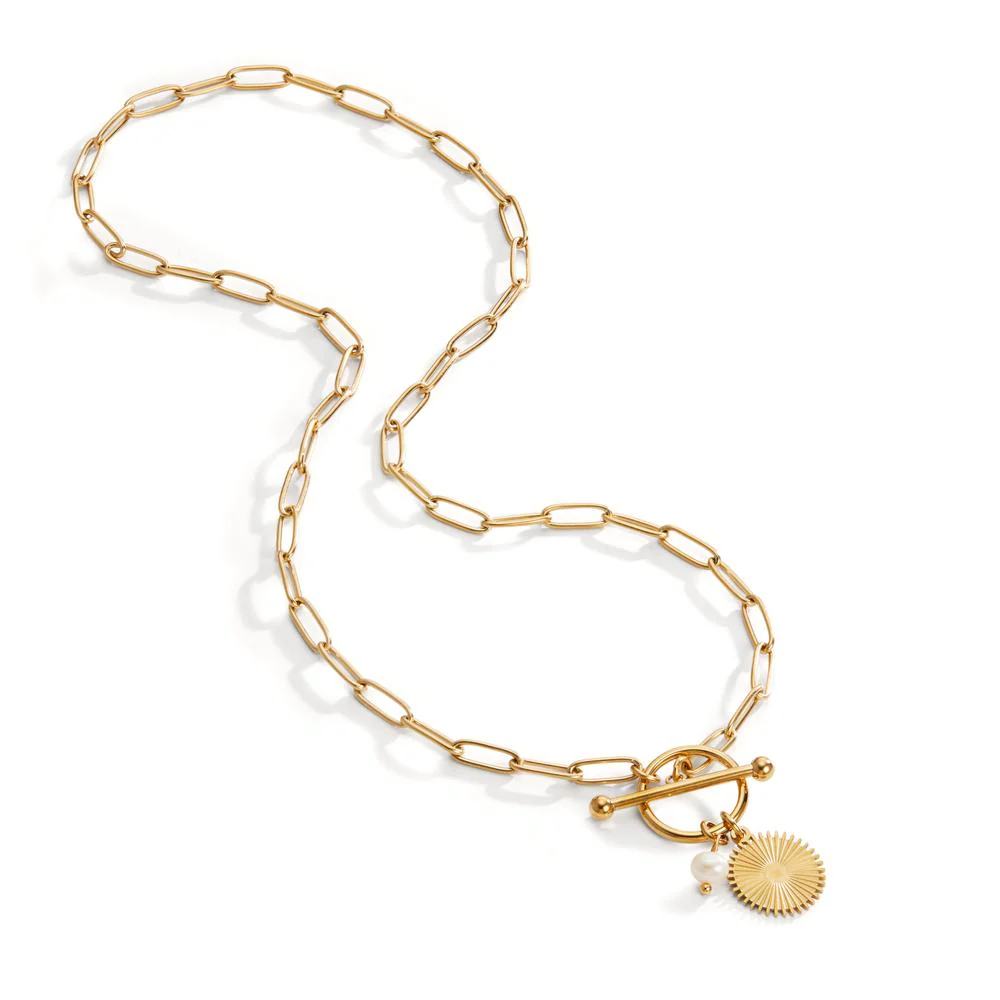 Collana Acciaio inossidabile giallo rivestimento IP Perla coltivata d'acqua dolce bianco, 4.5 mm Sole 45 cm - Image 2