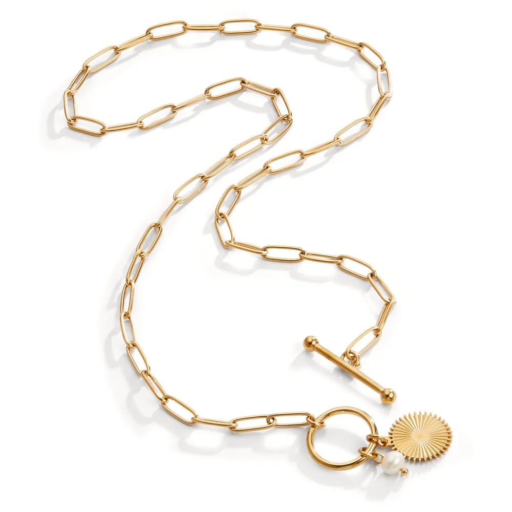 Collana Acciaio inossidabile giallo rivestimento IP Perla coltivata d'acqua dolce bianco, 4.5 mm Sole 45 cm - Image 3