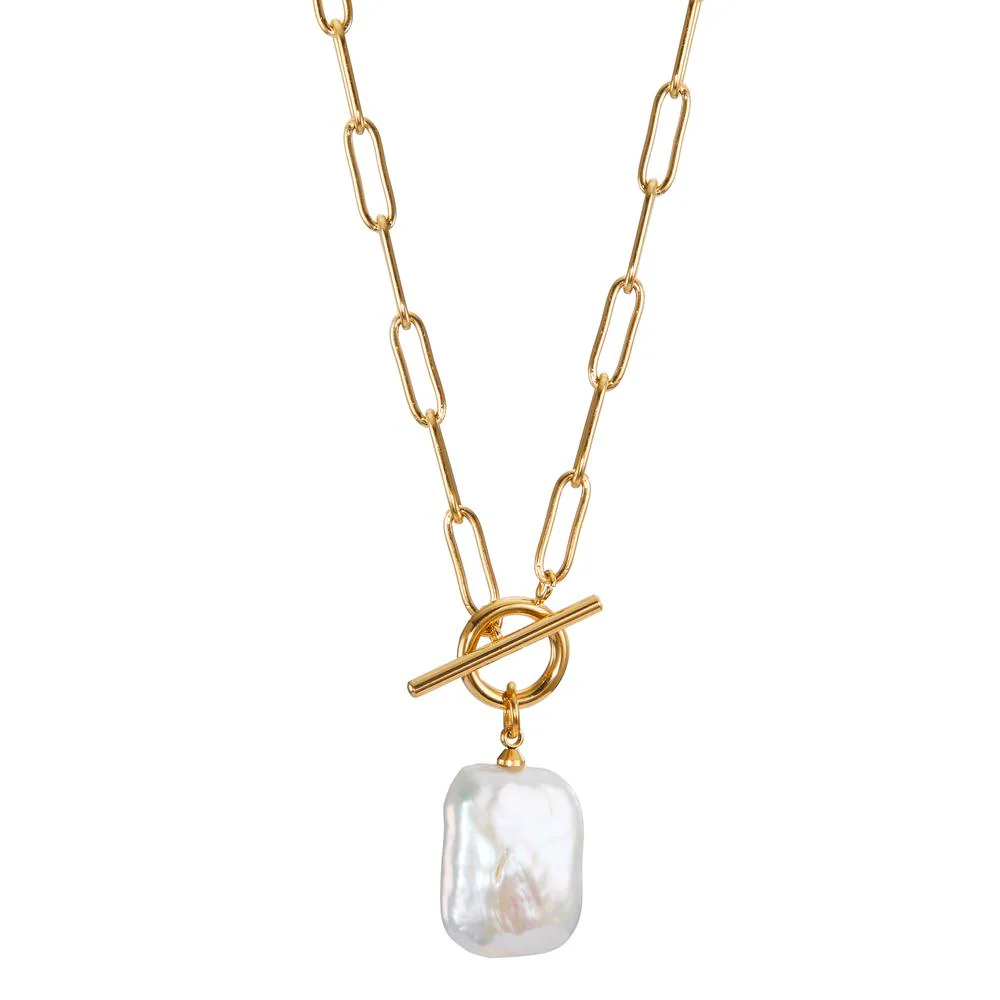 Collana Acciaio inossidabile giallo rivestimento IP Perla coltivata d'acqua dolce bianco 45 cm