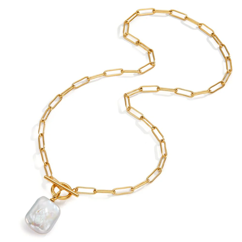 Collana Acciaio inossidabile giallo rivestimento IP Perla coltivata d'acqua dolce bianco 45 cm - Image 2
