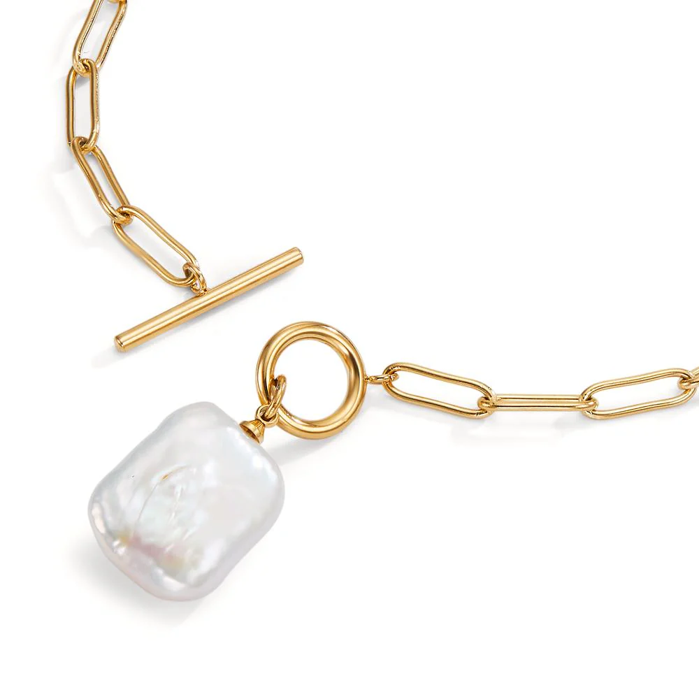 Collana Acciaio inossidabile giallo rivestimento IP Perla coltivata d'acqua dolce bianco 45 cm - Image 3