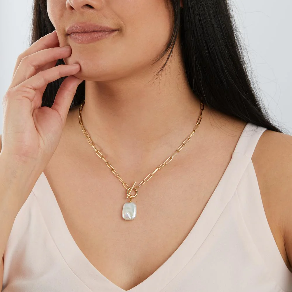 Collana Acciaio inossidabile giallo rivestimento IP Perla coltivata d'acqua dolce bianco 45 cm - Image 4