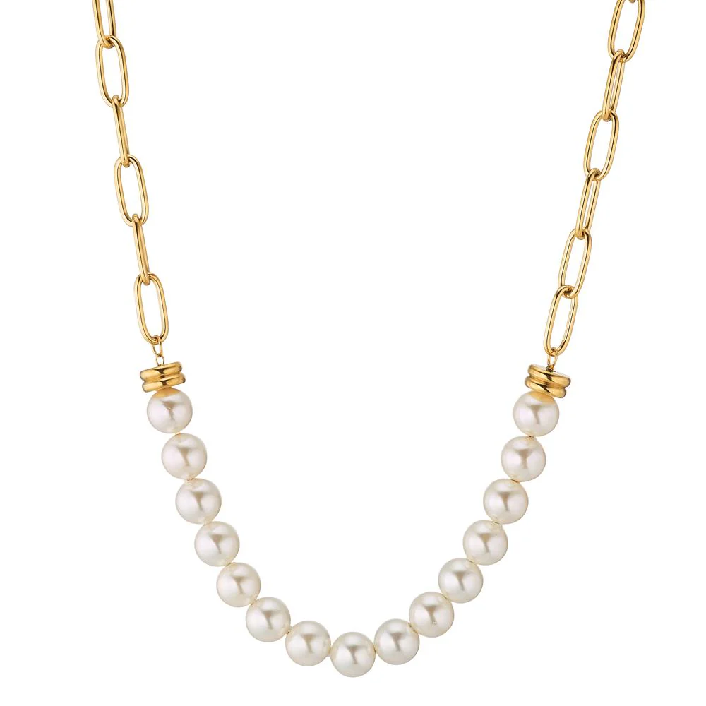 Collana Acciaio inossidabile giallo rivestimento IP [shining Pearls] bianco, 15 Perla, 6 mm 45-50 cm