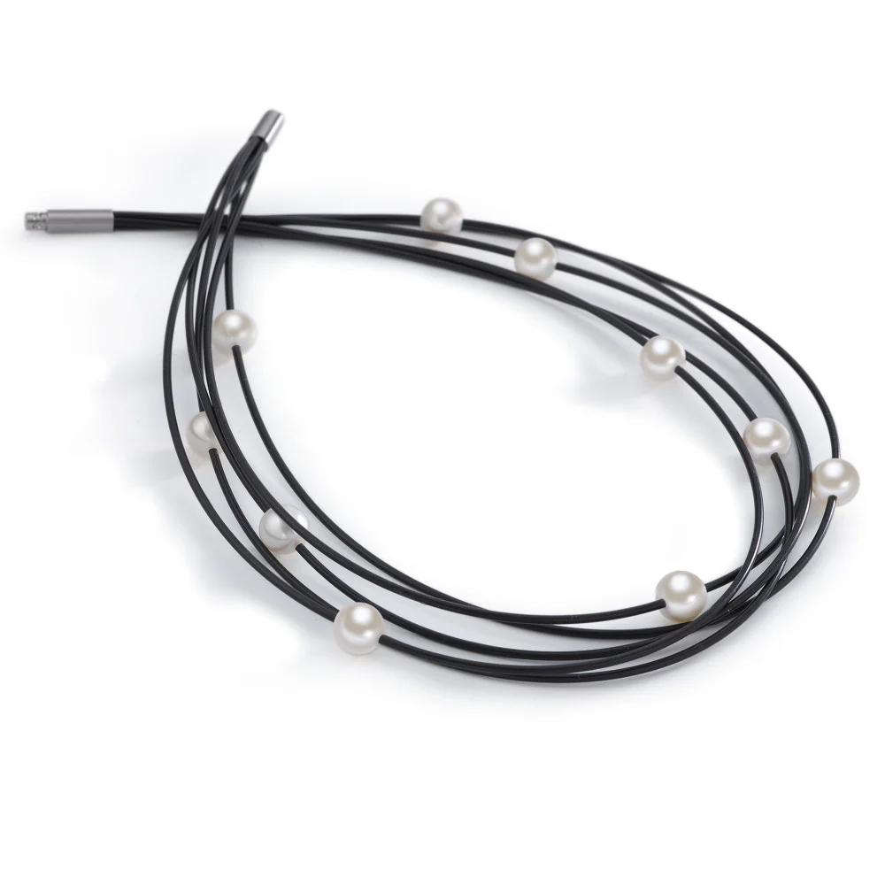 Collana Acciaio inossidabile, Gomma Perla coltivata d'acqua dolce bianco, 10 Perla 42 cm - Image 2