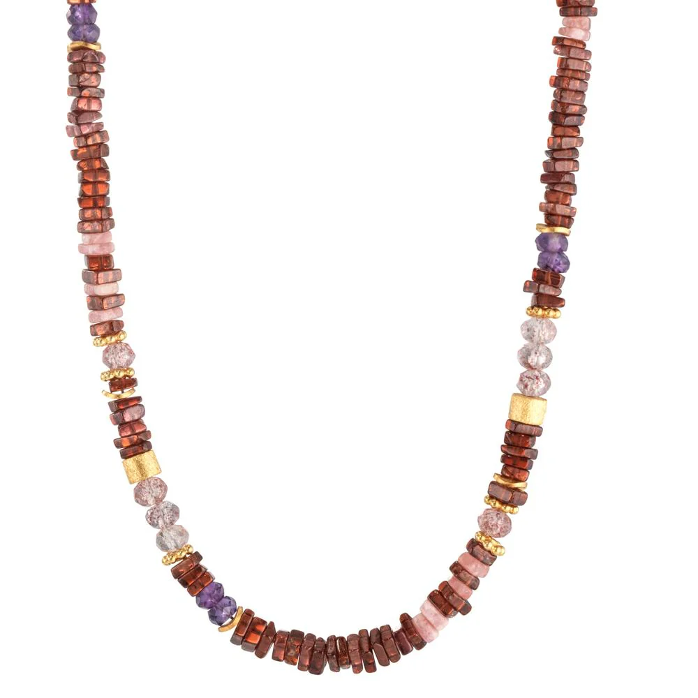 Collana Argento Granato, Rodocrosite, Ametista, Quarzo giallo dorato 45 cm