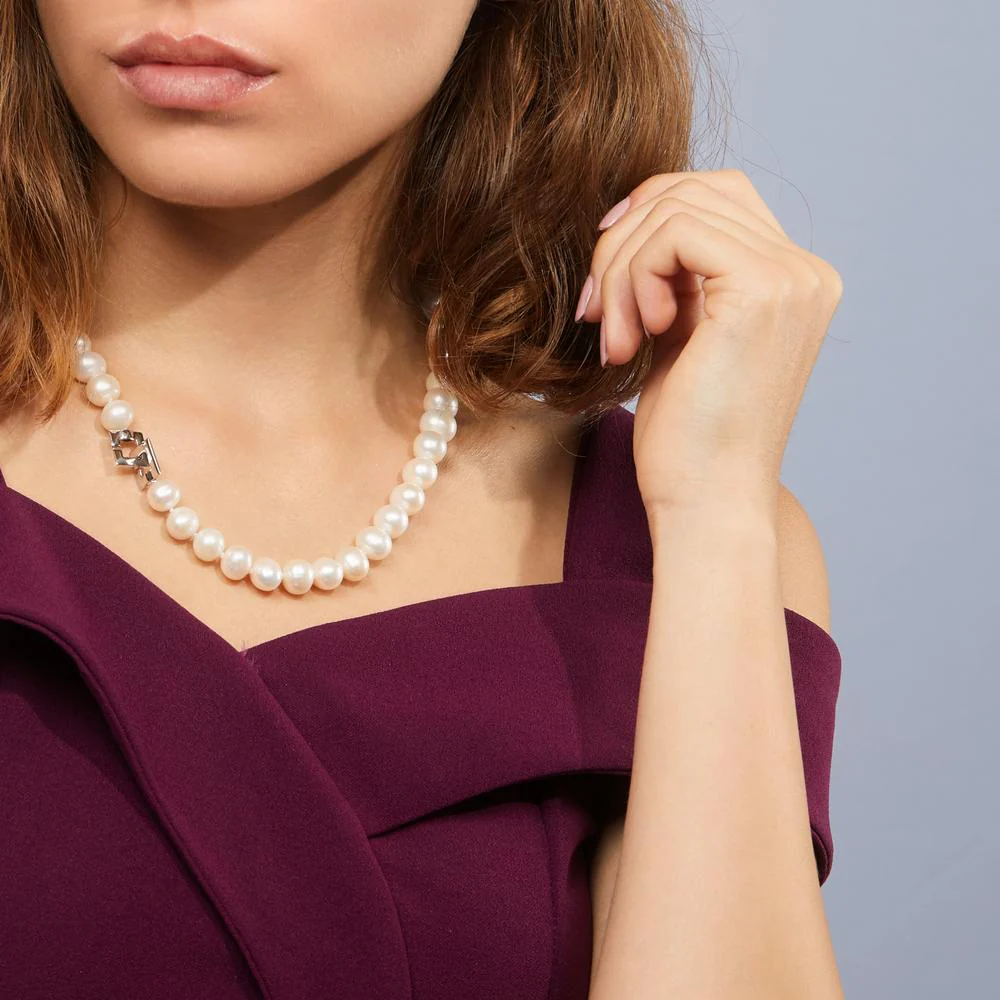 Collana Argento rodiato Perla coltivata d'acqua dolce bianco, 9 mm 47 cm - Image 2