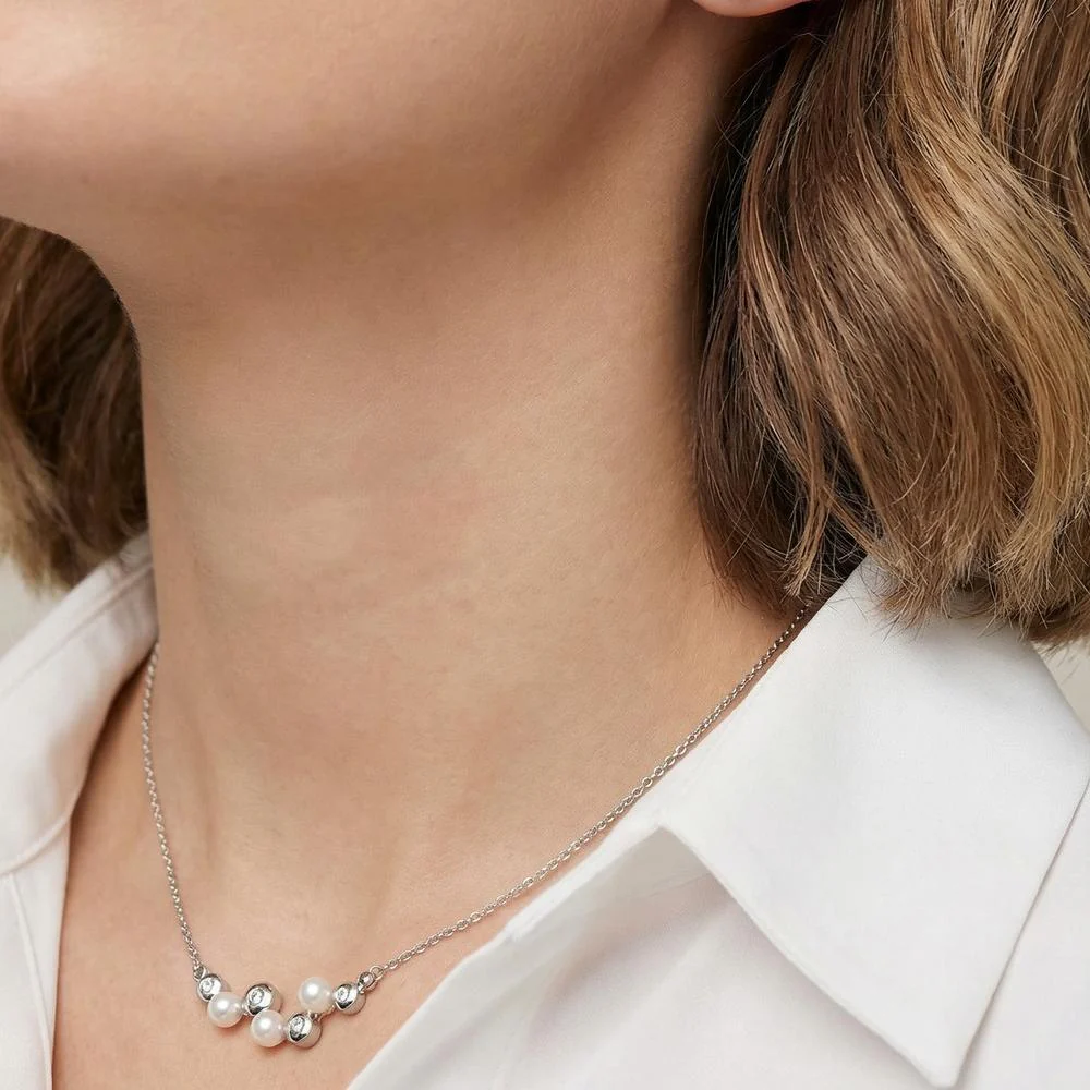 Collana Argento Zirconia 4 pietra rodiato Perla coltivata d'acqua dolce [Bouton], 3 Perla 4-4.5 mm 42-45 cm - Image 3