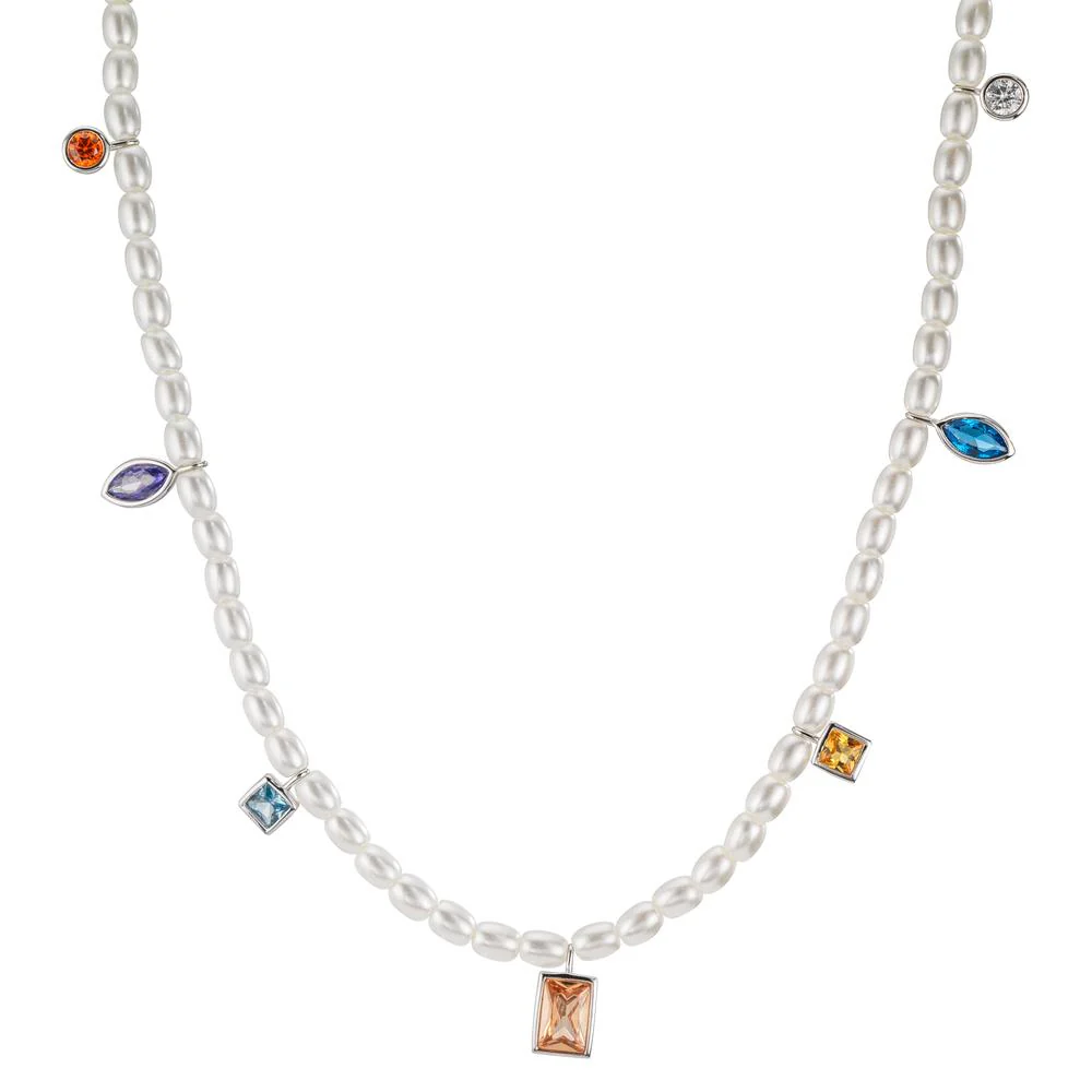 Collana Argento Zirconia colorato, 7 pietra rodiato Perla di conchiglia, 3.3 mm 40-45 cm