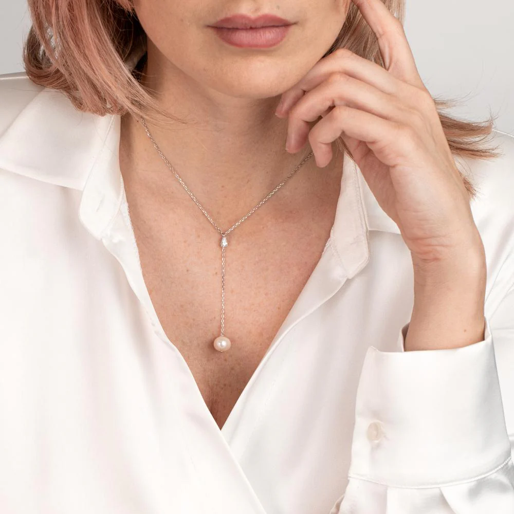 Collana Argento Zirconia rodiato Perla coltivata d'acqua dolce bianco, 11 mm 40-45 cm - Image 3