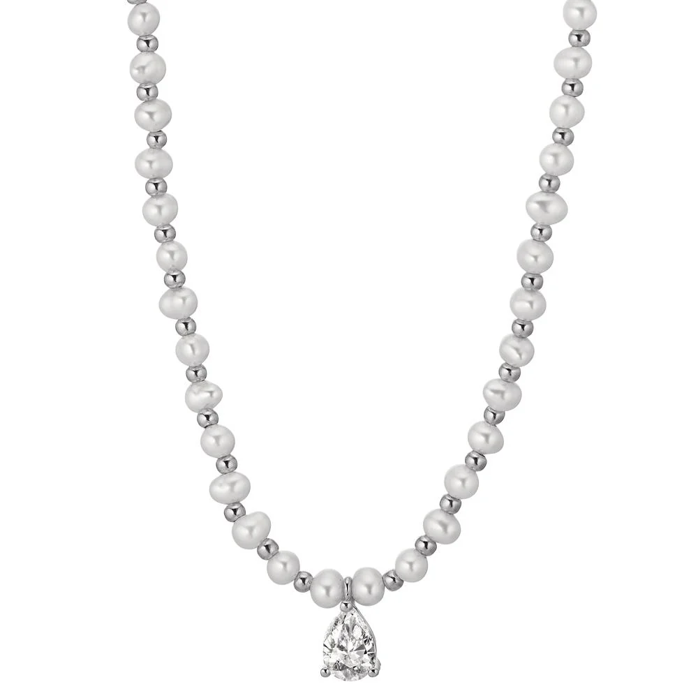 Collana Argento Zirconia rodiato Perla coltivata d'acqua dolce bianco, 4 mm 36-41 cm