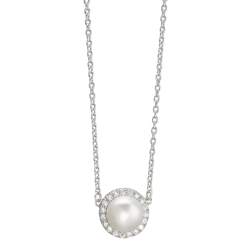 Collana Argento Zirconia rodiato Perla coltivata d'acqua dolce bianco, 6.5 mm 40-42 cm