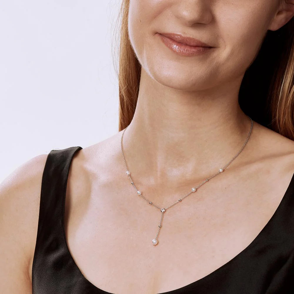 Collana Argento Zirconia rodiato [shining Pearls], 5 Perla 4-5 mm 40-44 cm - Image 3
