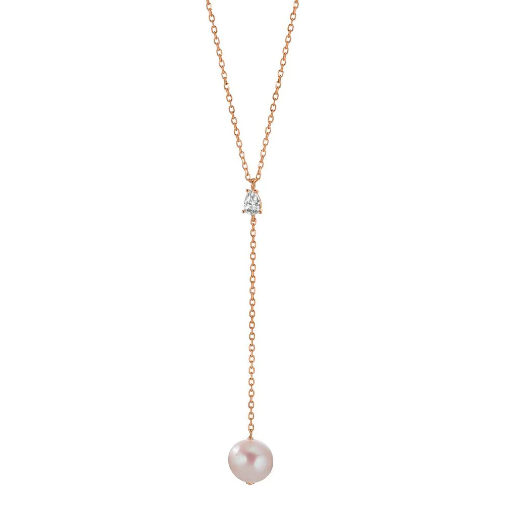 Collana Argento Zirconia rosa dorato Perla coltivata d'acqua dolce bianco, 11 mm 40-45 cm