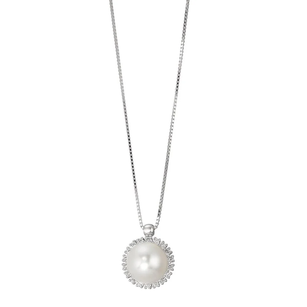 Collana Oro bianco 750/18 carati Diamante 0.18 ct, w-si Perla coltivata d'acqua dolce bianco, 8 mm 39-42 cm