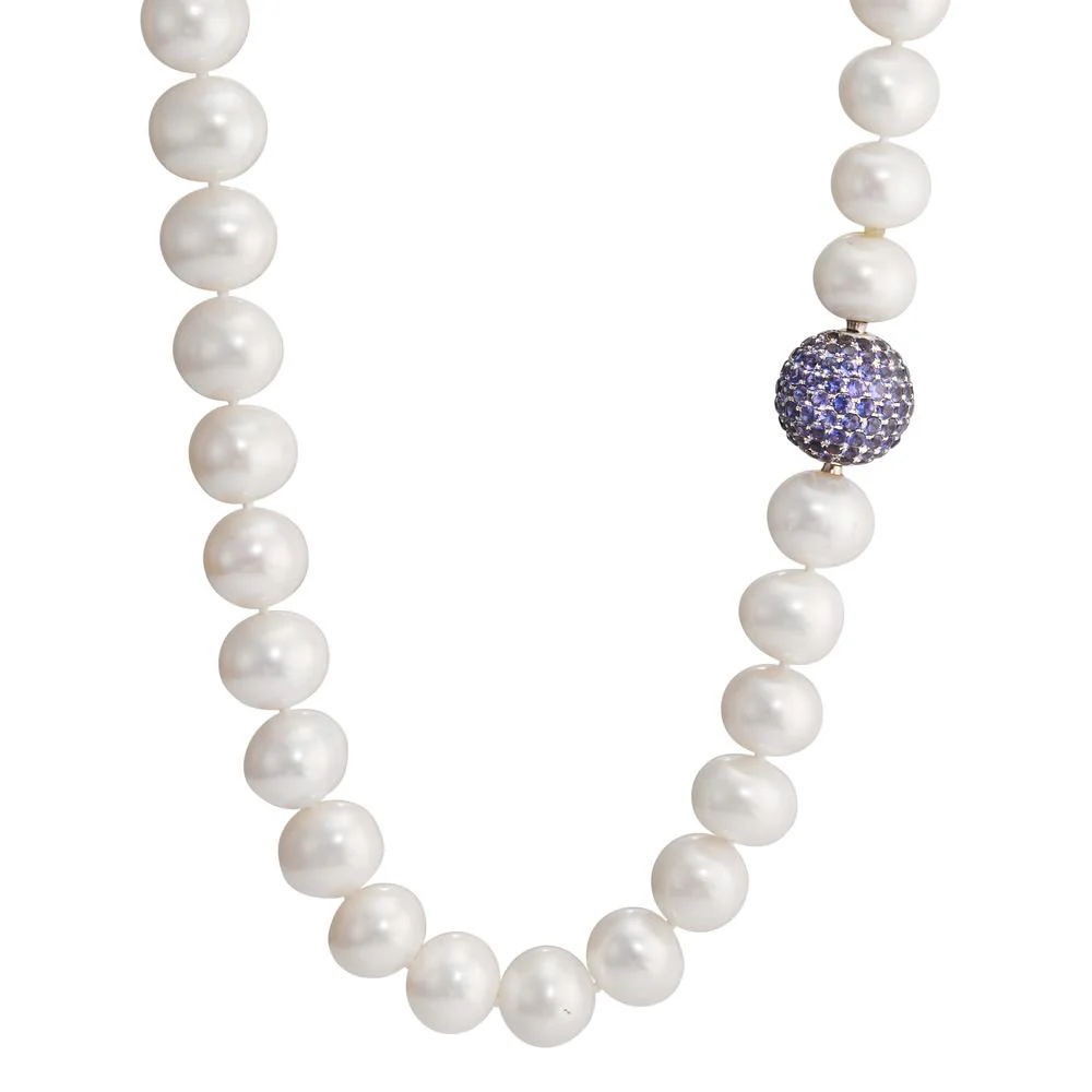 Collana Oro bianco 750/18 carati Iolite Viola, 142 pietra Perla coltivata d'acqua dolce 12-13 mm 44 cm