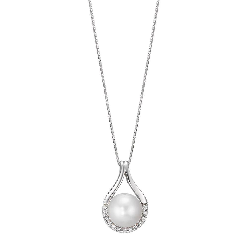 Collana Oro bianco 750/18 carati Zirconia 13 pietra Perla coltivata d'acqua dolce bianco, 7.5 mm 42 cm