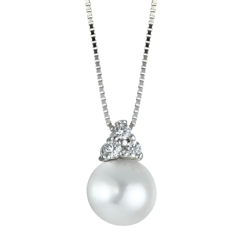 Collana Oro bianco 750/18 carati Zirconia 3 pietra Perla coltivata d'acqua dolce bianco 7-7.5 mm 42 cm