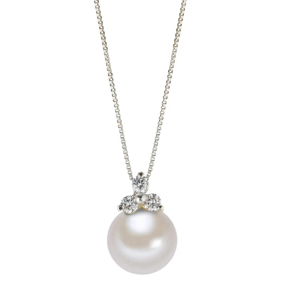 Collana Oro bianco 750/18 carati Zirconia 3 pietra Perla coltivata d'acqua dolce bianco, 8 mm 42 cm