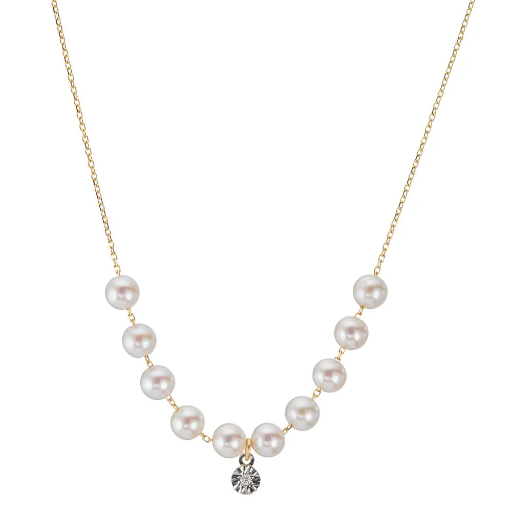 Collana Oro giallo 750/18 carati Diamante 0.005 ct, tc-si Perla coltivata d'acqua dolce, 10 Perla 3.5-4 mm 40-45 cm