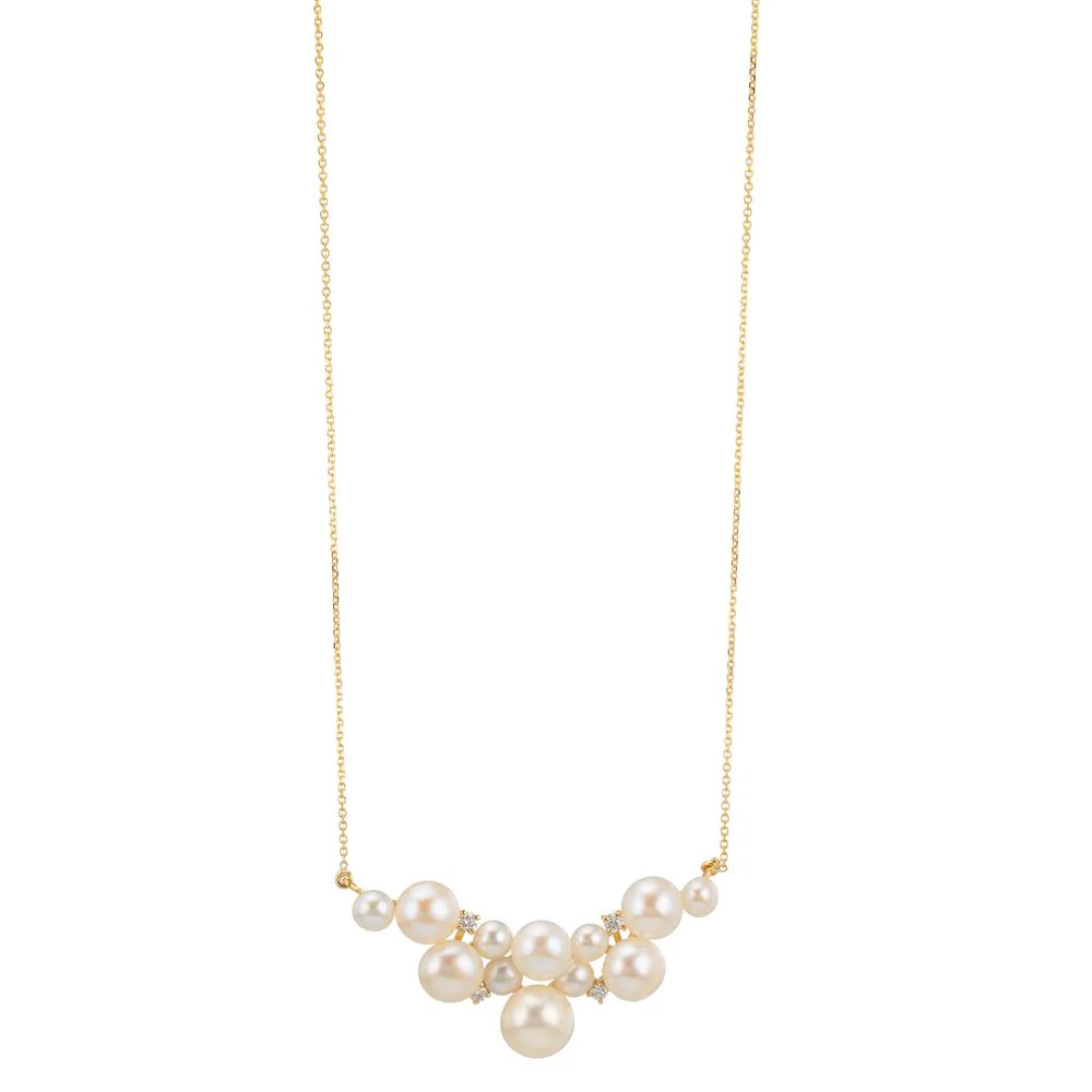 Collana Oro giallo 750/18 carati Diamante 0.08 ct, 4 pietra, w-si Perla coltivata d'acqua dolce, 12 Perla 3.5-6.5 mm 42-45 cm