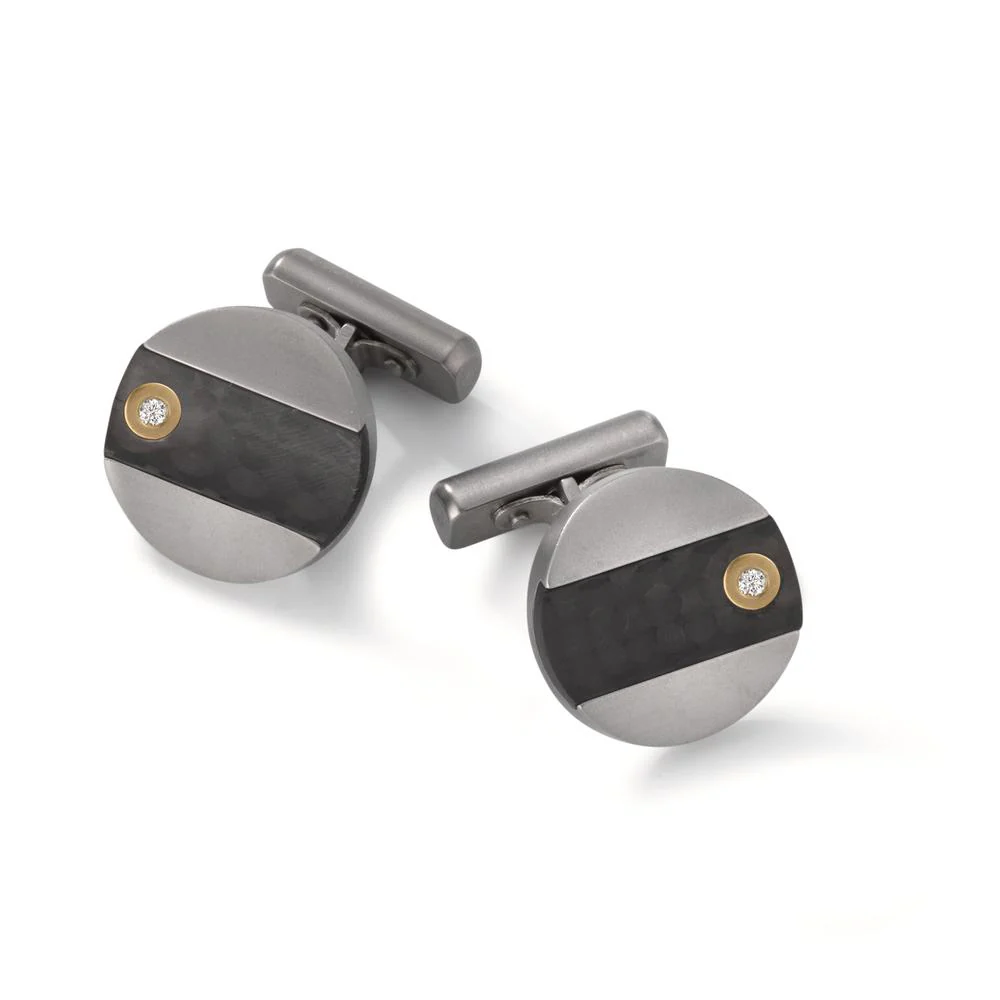 Gemelli Carbonio, Titanio, Oro giallo 750/18 carati Diamante 0.04 ct, 2 pietra, w-si Ø17 mm - Image 2