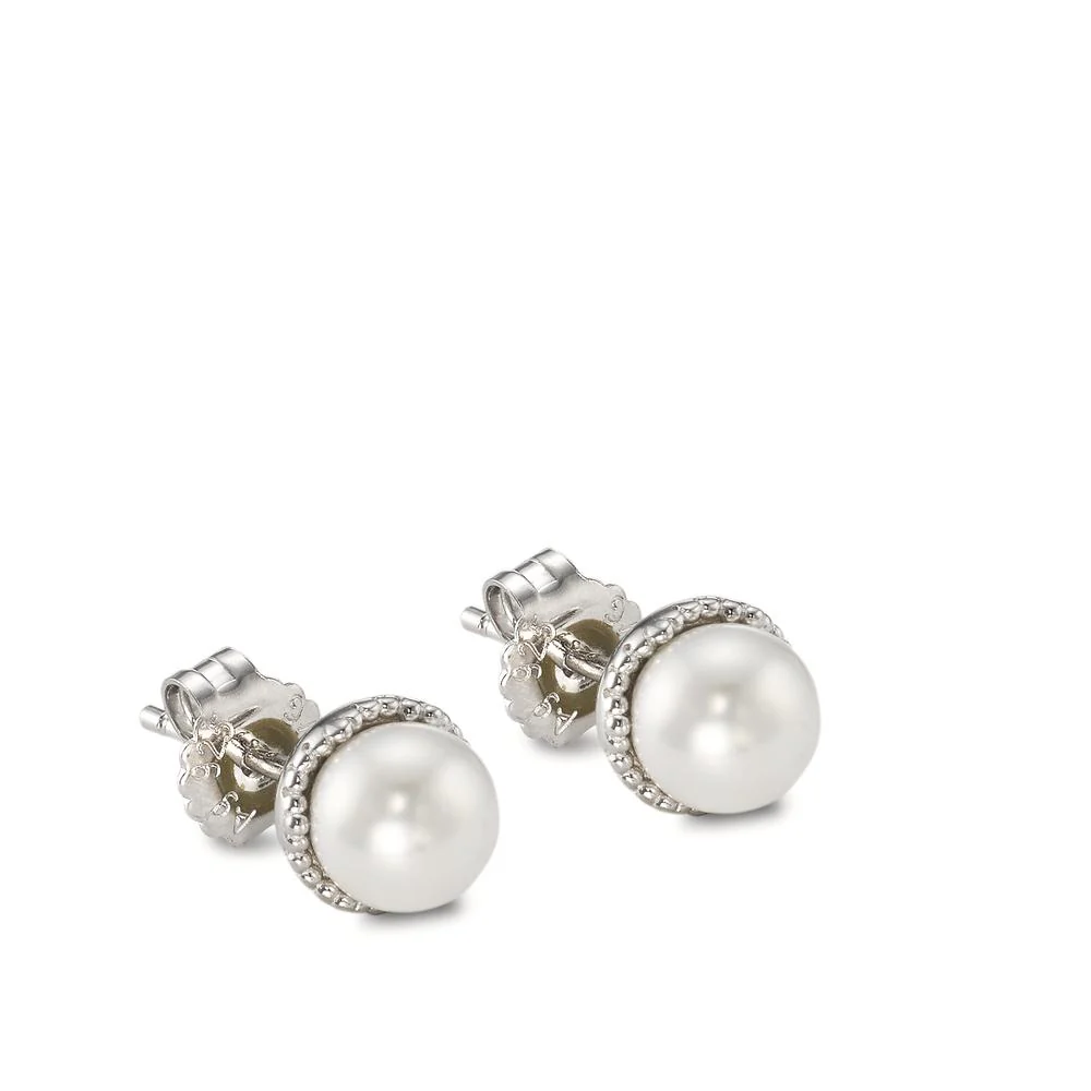Orecchini a bottone Argento rodiato [shining Pearls] bianco, 2 Perla Ø7.5 mm - Image 3