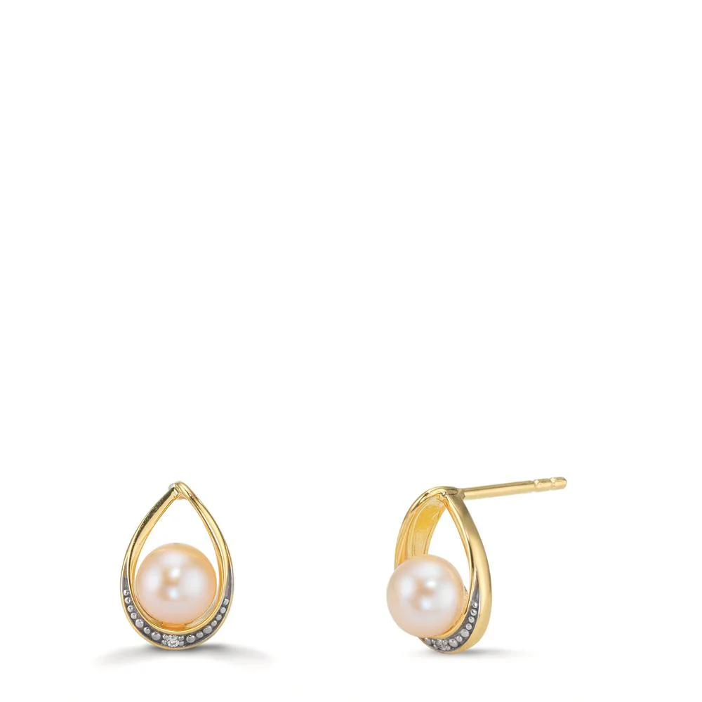 Orecchini a bottone Argento Zirconia 2 pietra giallo dorato Perla coltivata d'acqua dolce, 2 Perla, 5.5 mm