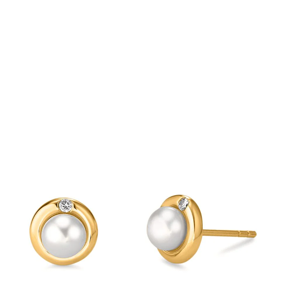 Orecchini a bottone Argento Zirconia 2 pietra giallo dorato Perla coltivata d'acqua dolce bianco, 2 Perla, 5.5 mm Ø9 mm