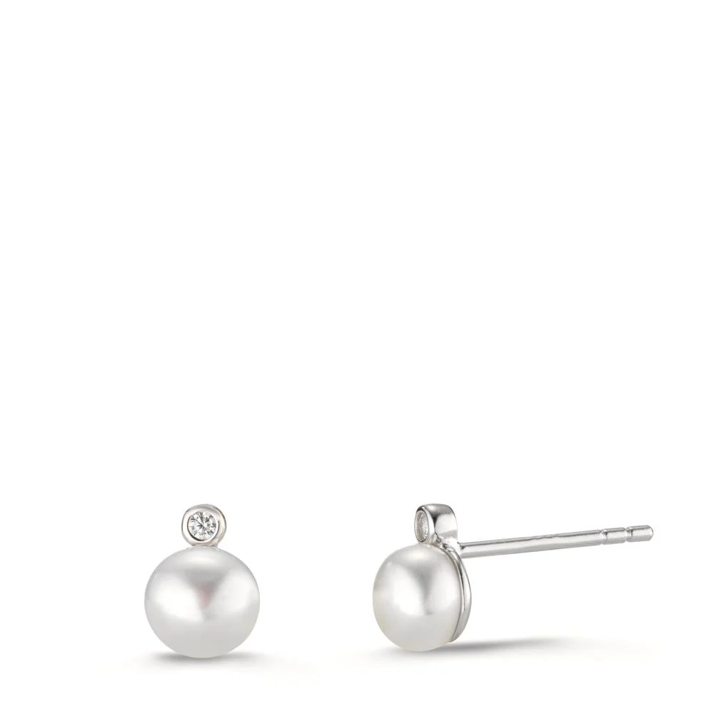 Orecchini a bottone Argento Zirconia 2 pietra rodiato Perla coltivata d'acqua dolce [Bouton], 2 Perla 5-5.5 mm