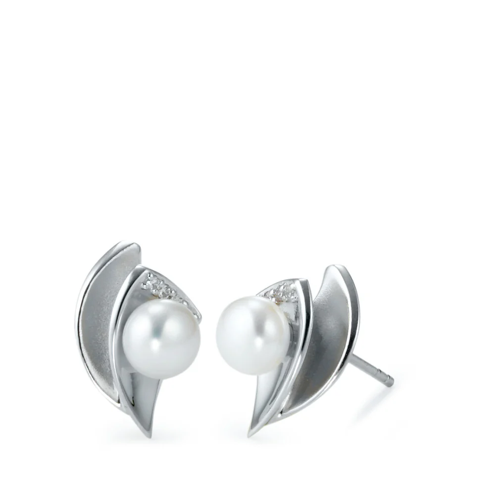 Orecchini a bottone Argento Zirconia 8 pietra rodiato Perla coltivata d'acqua dolce bianco, 2 Perla, 6 mm