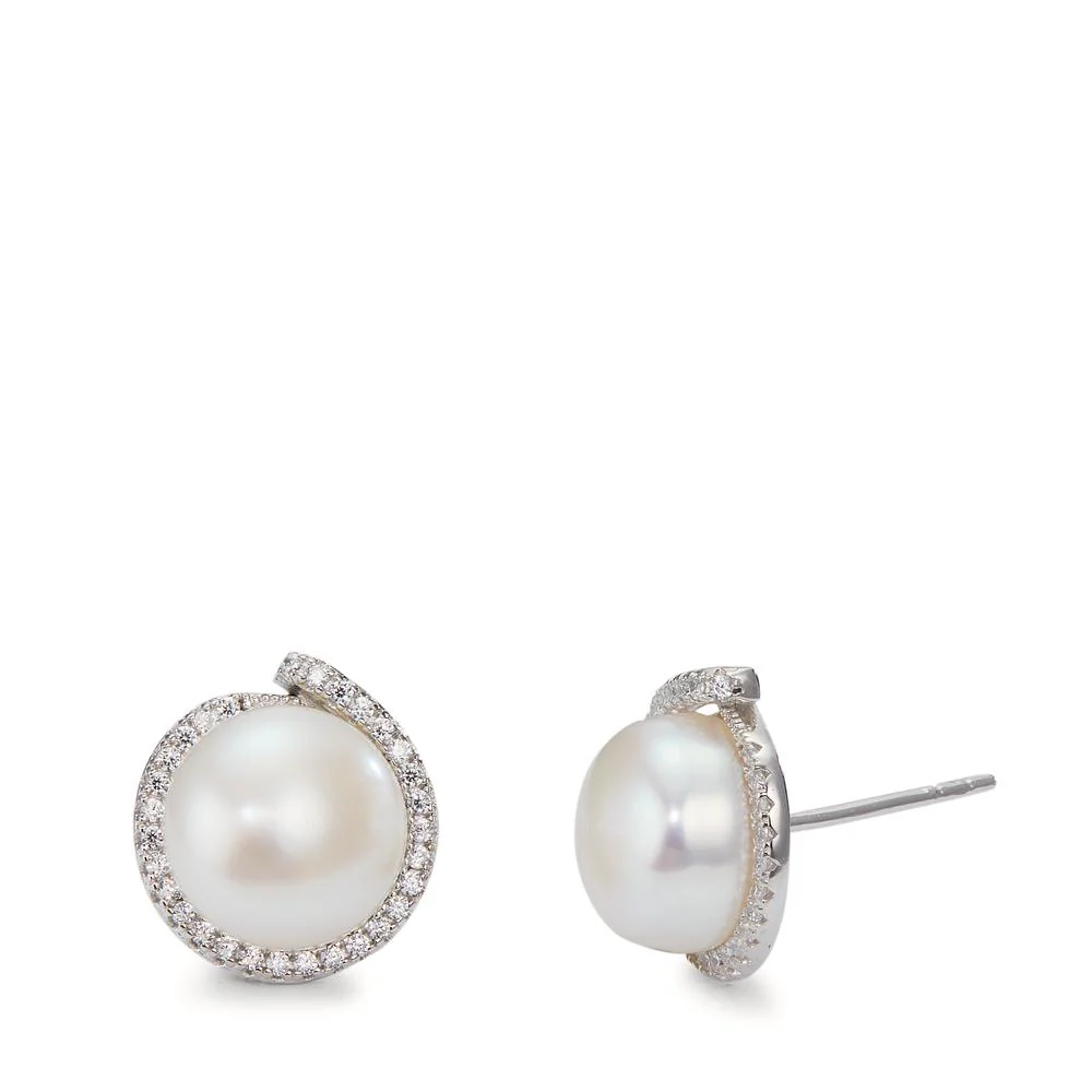Orecchini a bottone Argento Zirconia bianco rodiato Perla coltivata d'acqua dolce bianco, 2 Perla, 9.5 mm Ø13 mm