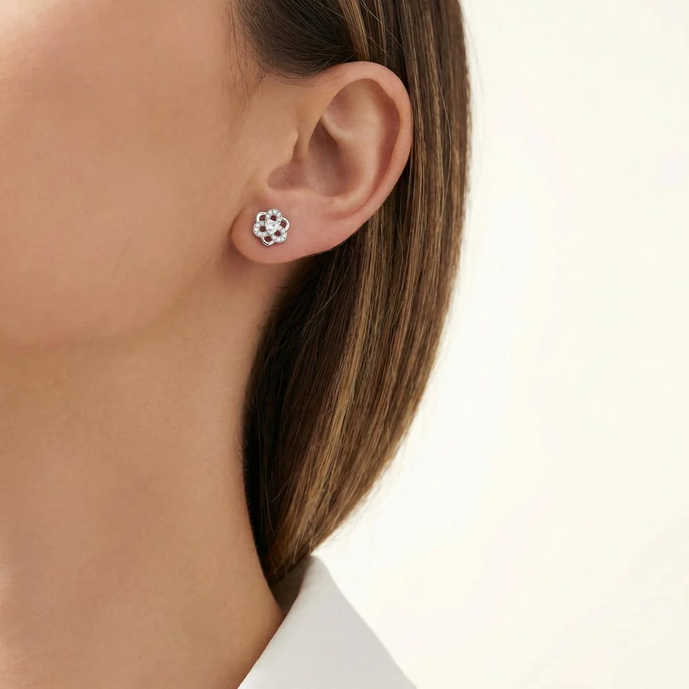 Orecchini a bottone Argento Zirconia rodiato Fiore Ø7.5 mm - Image 2