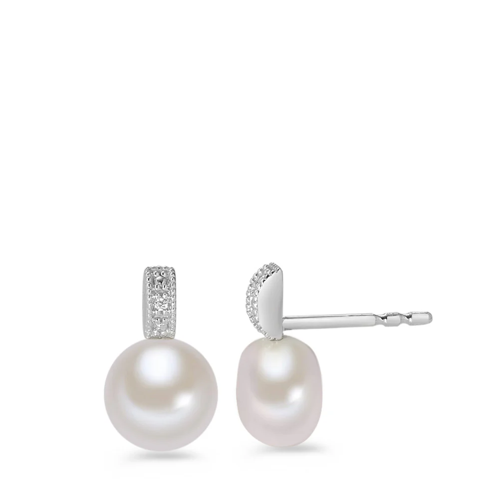 Orecchini a bottone Oro bianco 375/9K Diamante bianco, 0.006 ct, 4 pietra, [Brillant], p1 Perla coltivata d'acqua dolce bianco, 2 Perla 7-7.5 mm