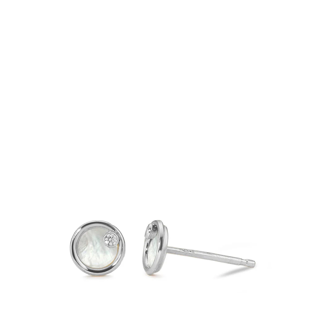 Orecchini a bottone Oro bianco 585/14 kt Zirconia 2 pietra Madreperla bianco Ø5 mm
