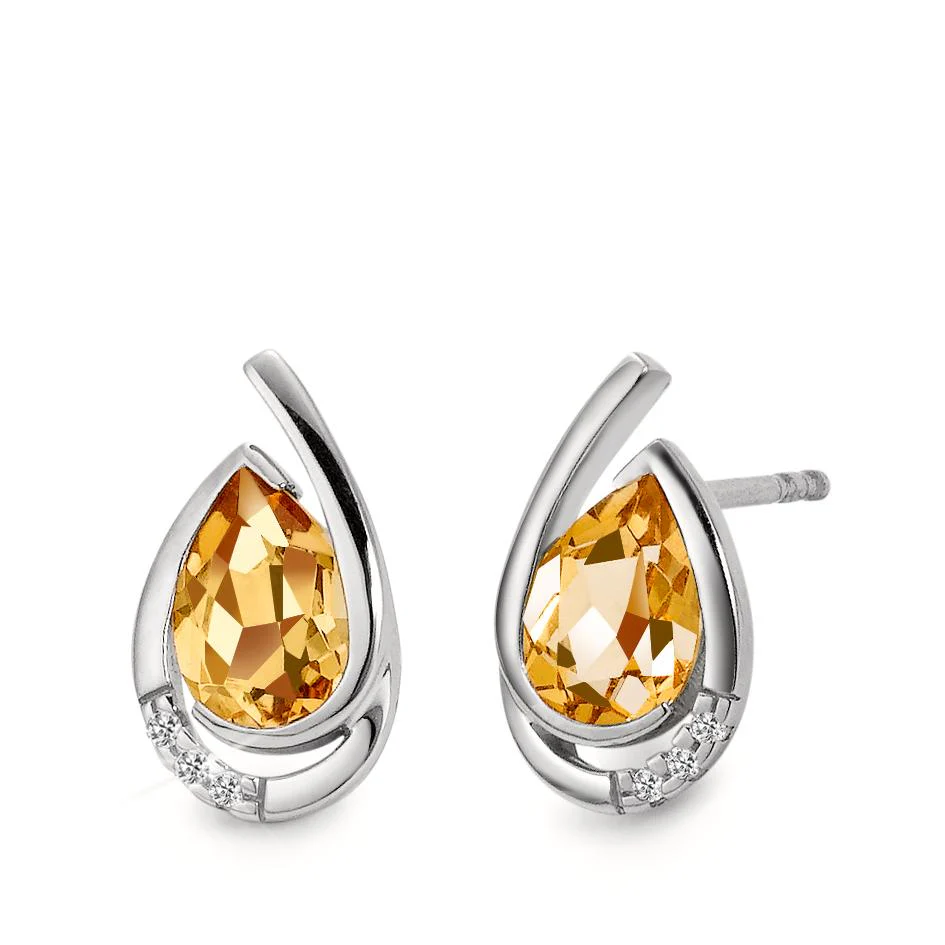 Orecchini a bottone Oro bianco 750/18 carati Citrino cognac, 0.02 ct, 6 pietra, [Brillant], w-si, Diamante 0.02 ct, 6 pietra, [Brillant], w-si