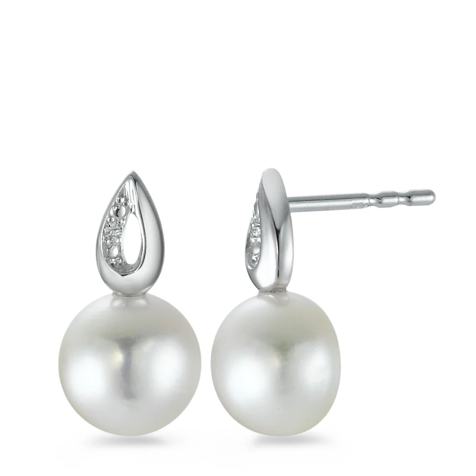 Orecchini a bottone Oro bianco 750/18 carati Diamante 0.008 ct, 2 pietra, [Brillant], p1 Perla coltivata d'acqua dolce 7-7.5 mm