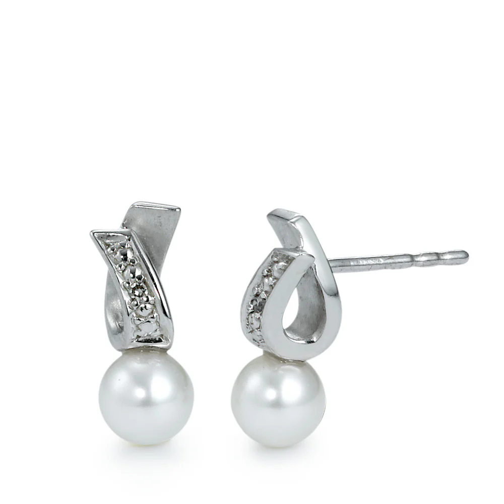 Orecchini a bottone Oro bianco 750/18 carati Diamante 0.01 ct, 2 pietra, w-si Perla coltivata d'acqua dolce bianco, 6 mm