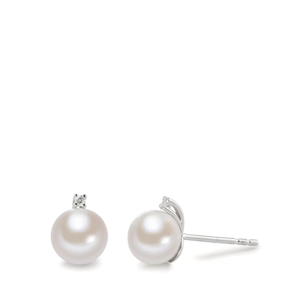 Orecchini a bottone Oro bianco 750/18 carati Diamante 0.02 ct, 2 pietra, w-si Perla coltivata d'acqua dolce bianco, 2 Perla, 6.5 mm