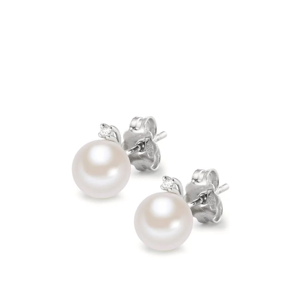 Orecchini a bottone Oro bianco 750/18 carati Diamante 0.02 ct, 2 pietra, w-si Perla coltivata d'acqua dolce bianco, 2 Perla, 6.5 mm - Image 2