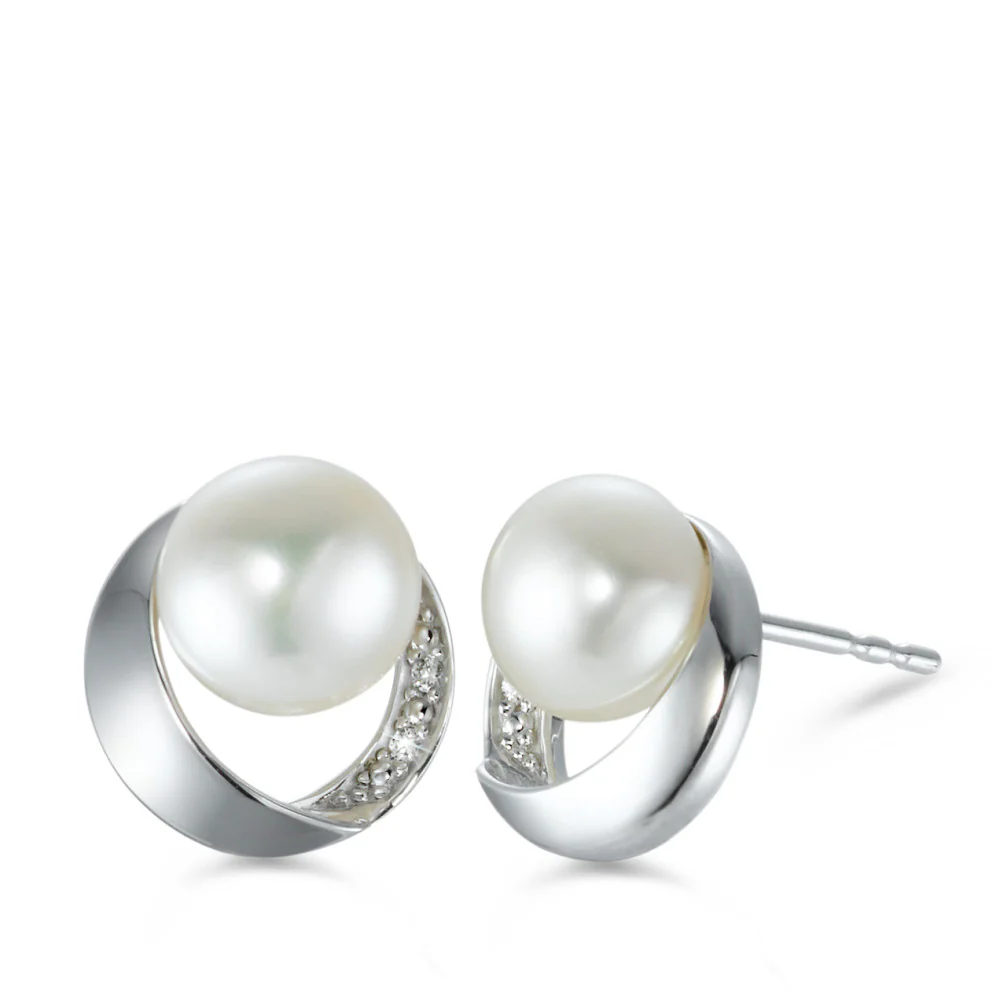 Orecchini a bottone Oro bianco 750/18 carati Diamante 0.02 ct, 4 pietra, [Brillant], w-si Perla coltivata d'acqua dolce bianco, 2 Perla 7.5-8 mm Ø10 mm