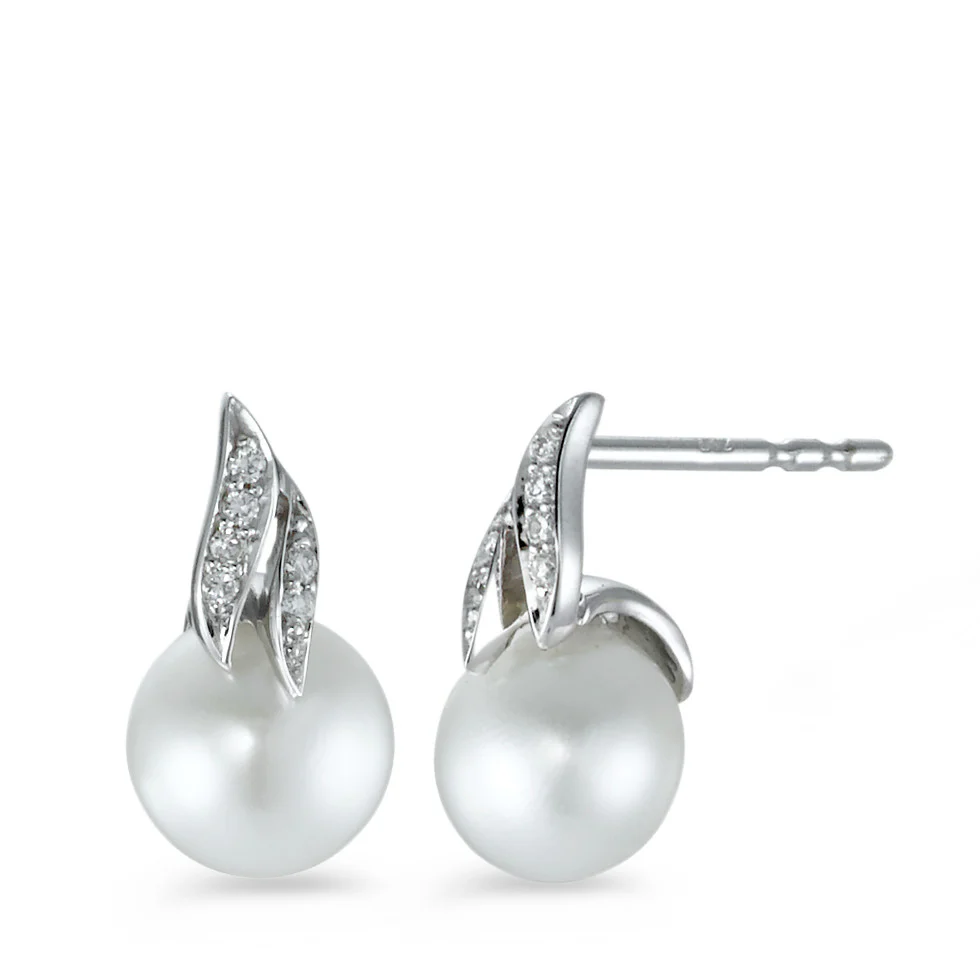 Orecchini a bottone Oro bianco 750/18 carati Diamante 0.05 ct, 12 pietra, [Brillant], w-si Perla coltivata d'acqua dolce 6.5-7 mm