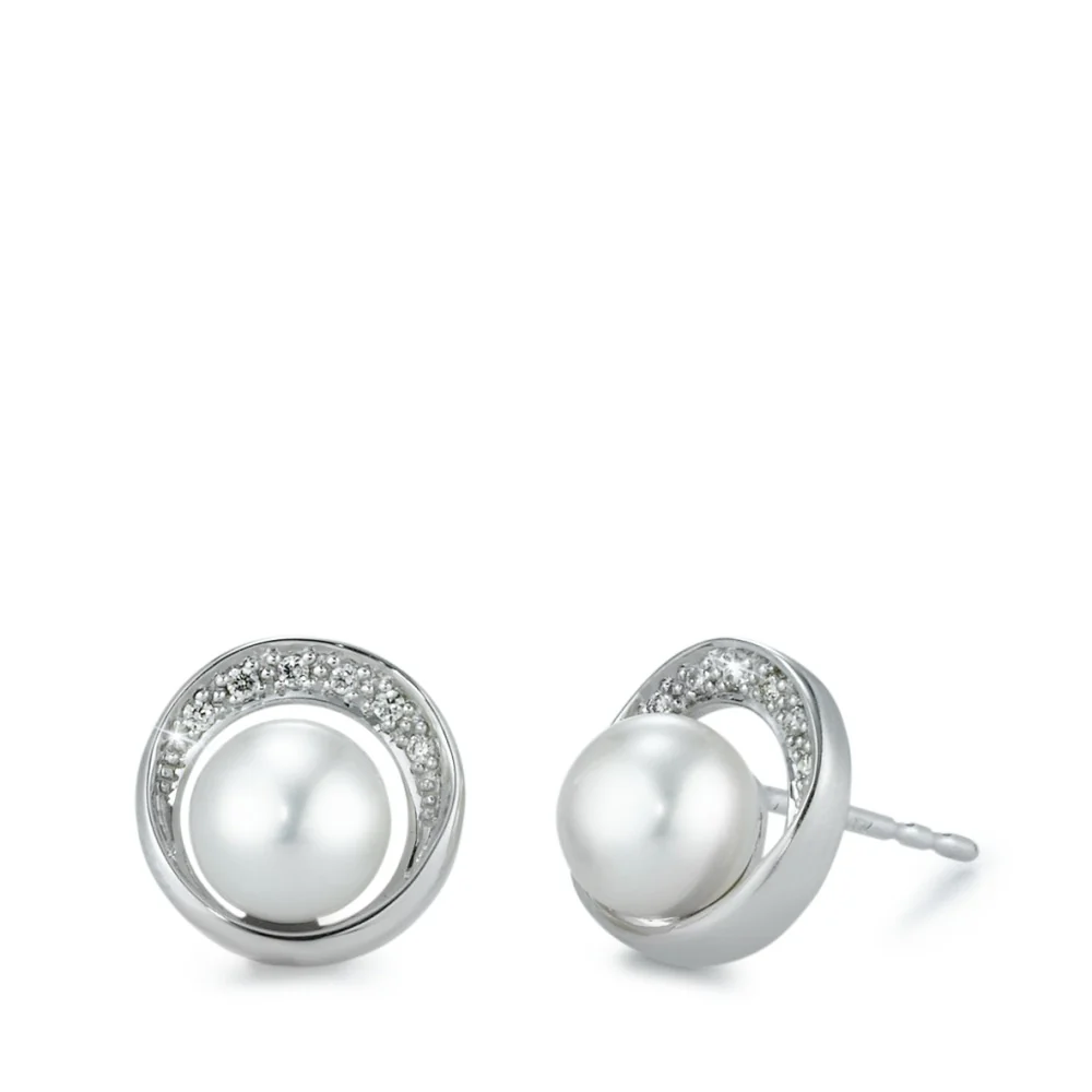 Orecchini a bottone Oro bianco 750/18 carati Diamante 0.06 ct, 12 pietra, [Brillant], w-si Perla coltivata d'acqua dolce 6.5-7 mm Ø10 mm