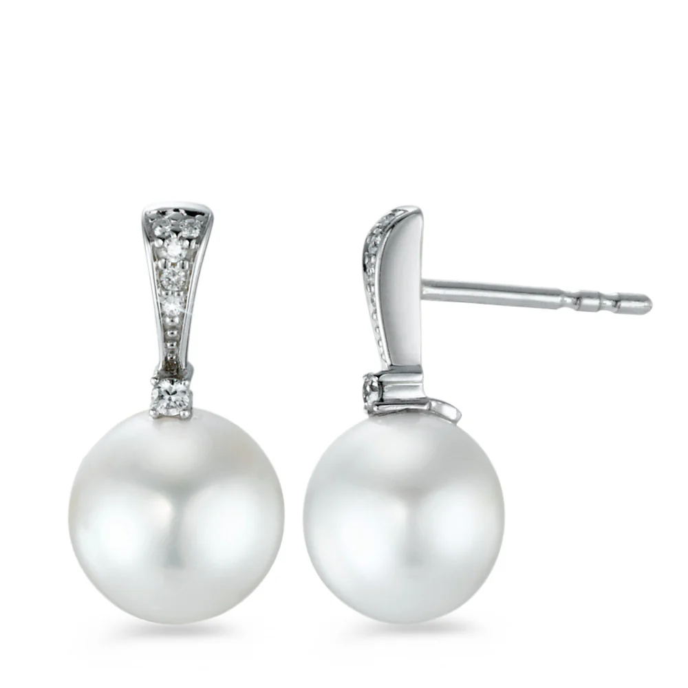 Orecchini a bottone Oro bianco 750/18 carati Diamante 0.07 ct, 12 pietra, [Brillant], w-si Perla coltivata d'acqua dolce 8-8.5 mm