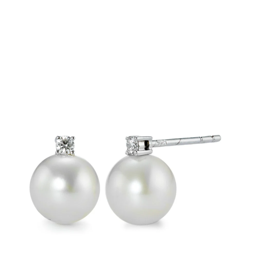 Orecchini a bottone Oro bianco 750/18 carati Diamante 0.07 ct, 2 pietra, w-si Perla coltivata d'acqua dolce, 2 Perla, 8 mm